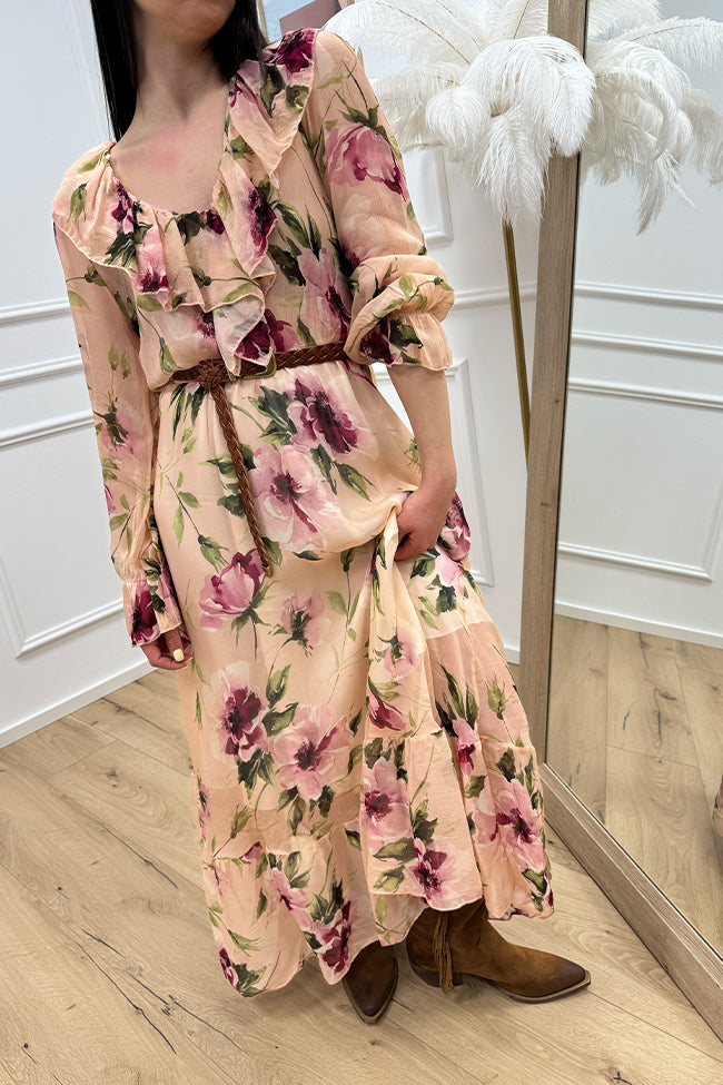 Vestito lungo blush floreale con rouches - Dixie