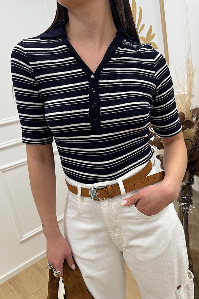 Polo crop blu a costine - Vicolo