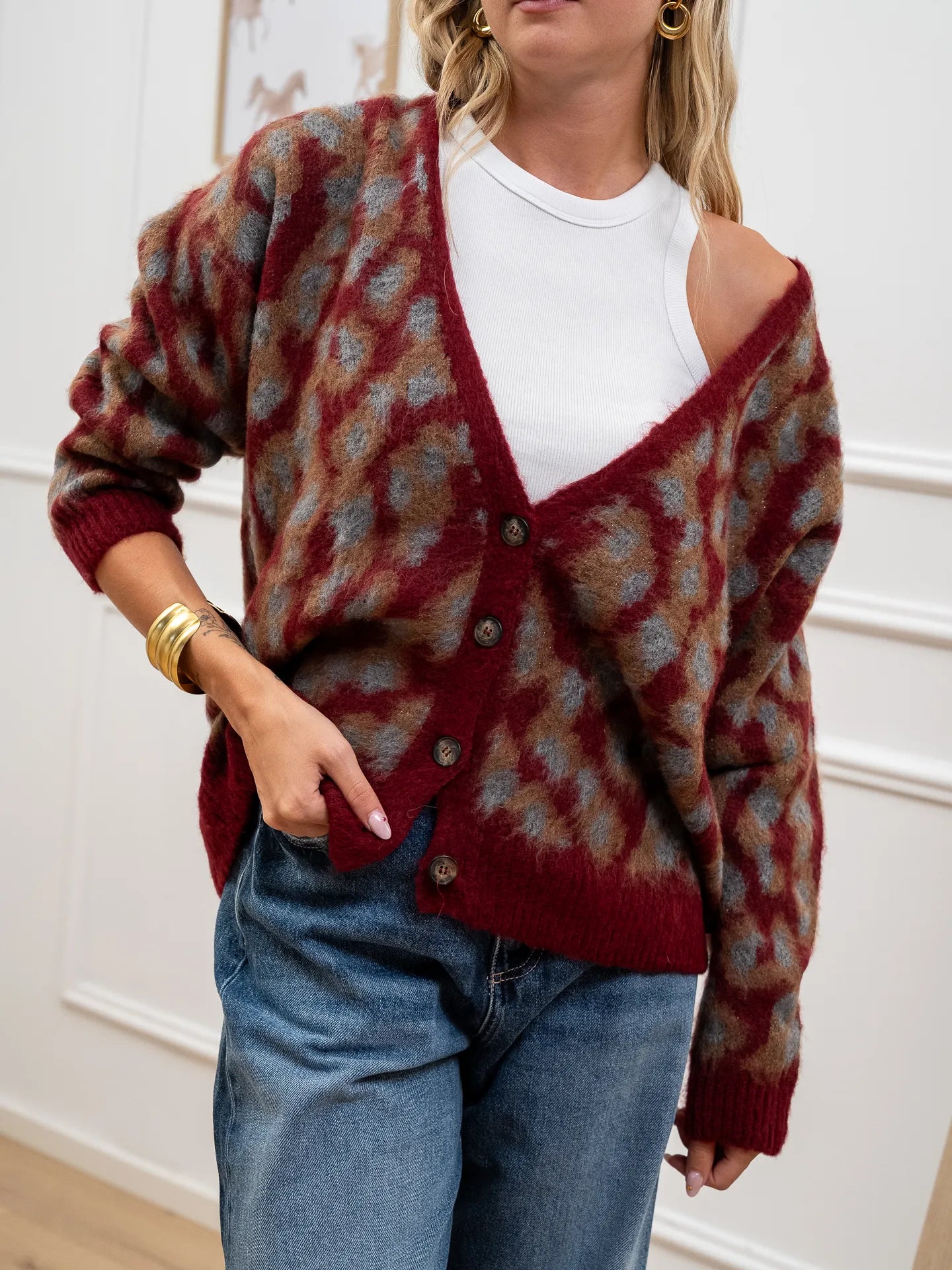 Cardigan jacquard maku vino a quattro bottoni - HaveOne