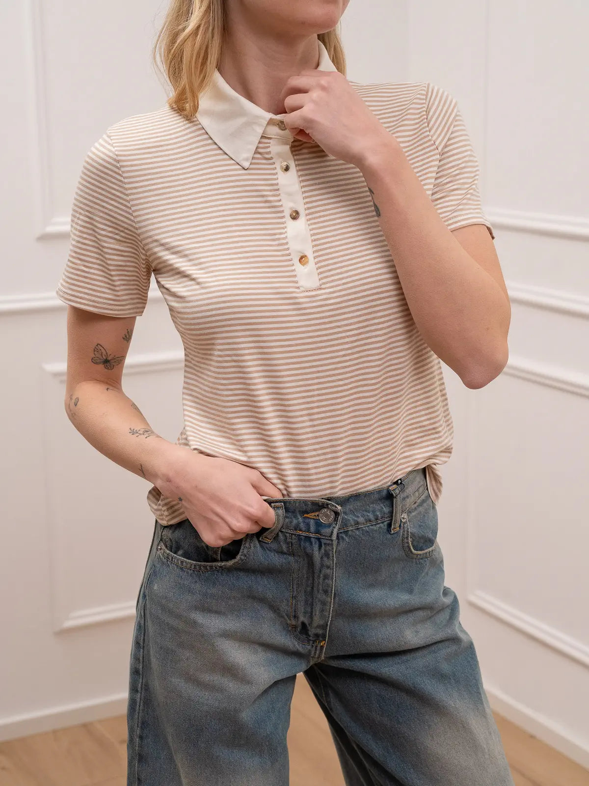 Maglia polo slim riga beige a manica corta - HaveOne