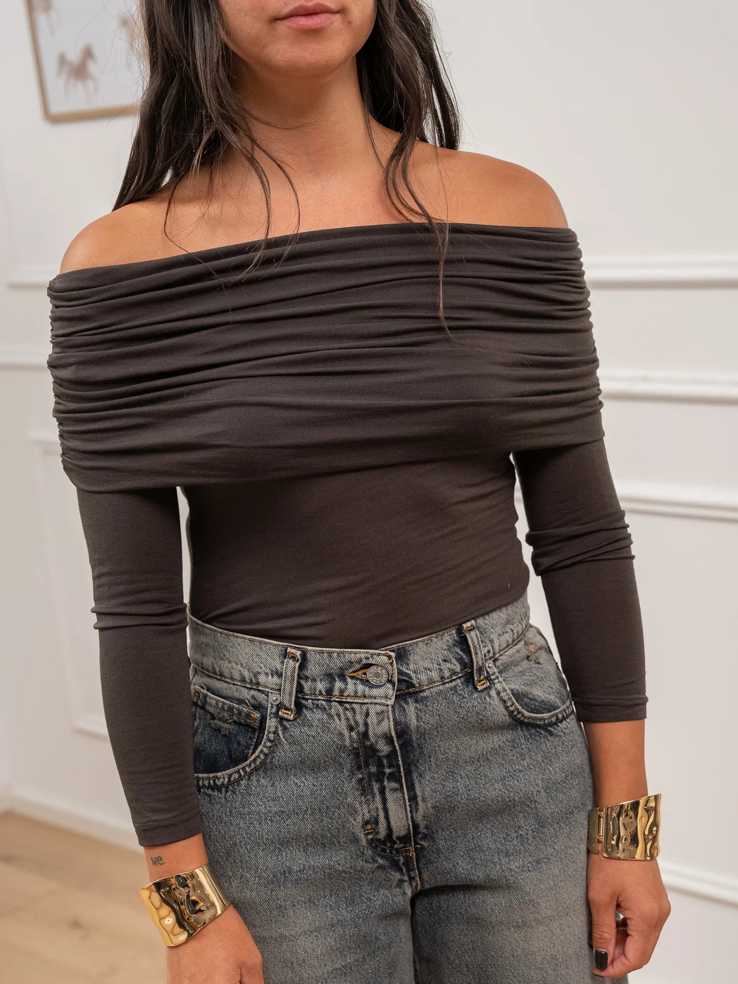 Maglia moro scollo bardot arricciato - HaveOne