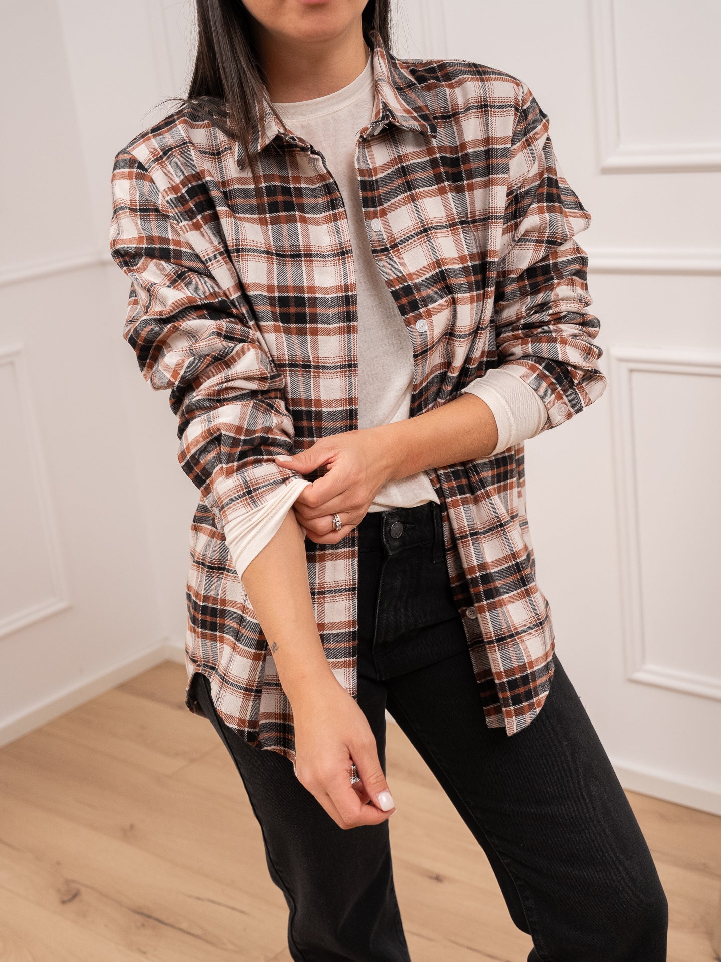 Camicia basic check tabacco, panna e nero in flanella - HaveOne