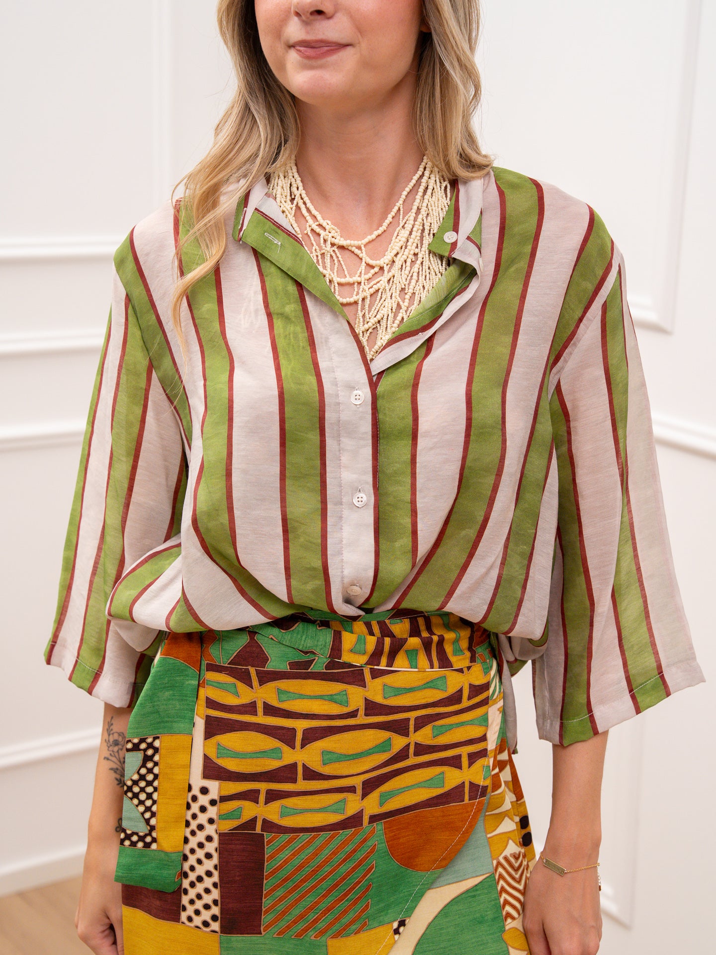 Camicia rigata Sardine verde, panna e terracotta - Dixie
