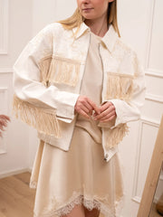 Bomber in denim bianco con ricami e frange - HaveOne