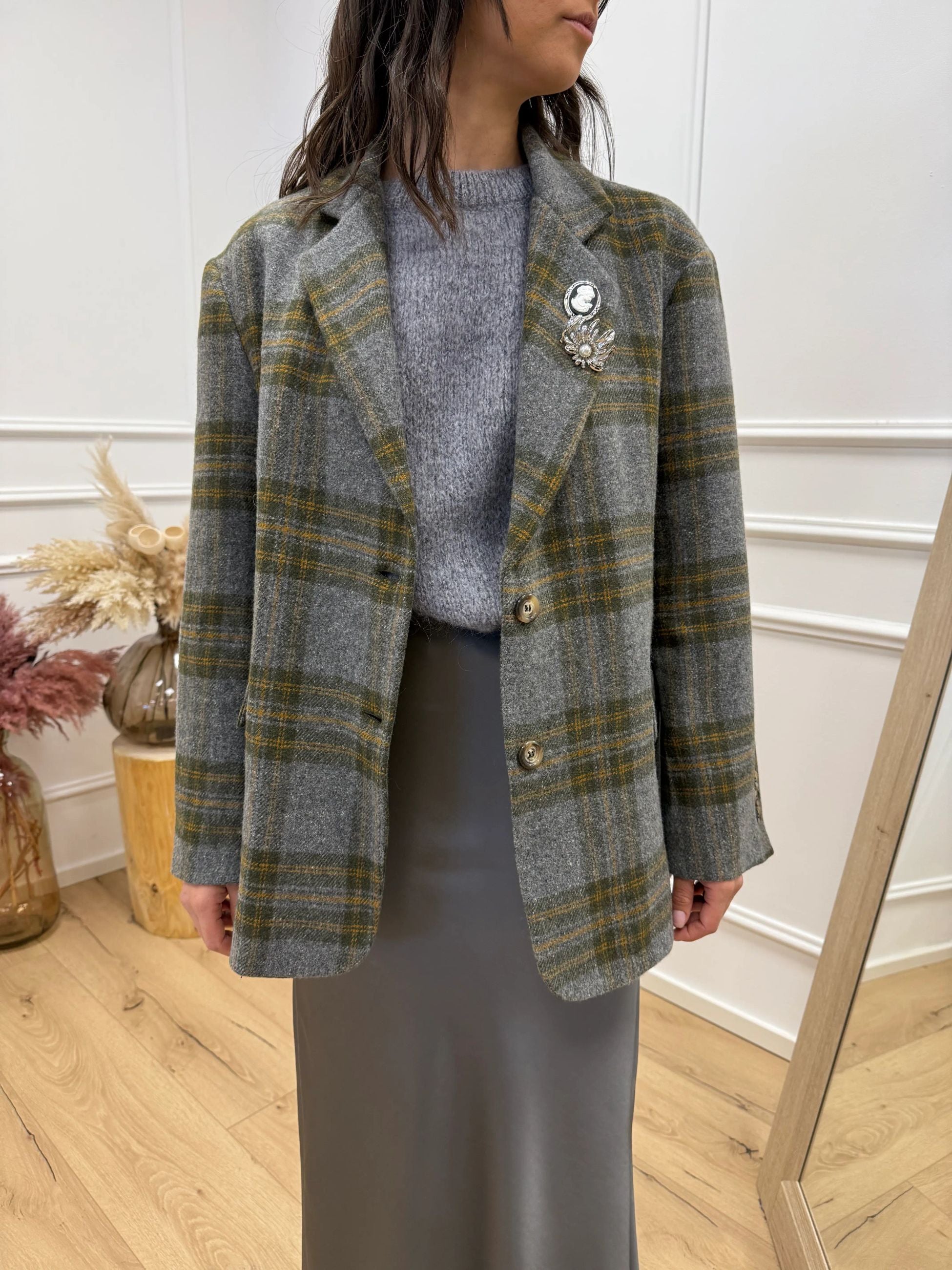 Giacca cappotto check grigio in lana - Dixie