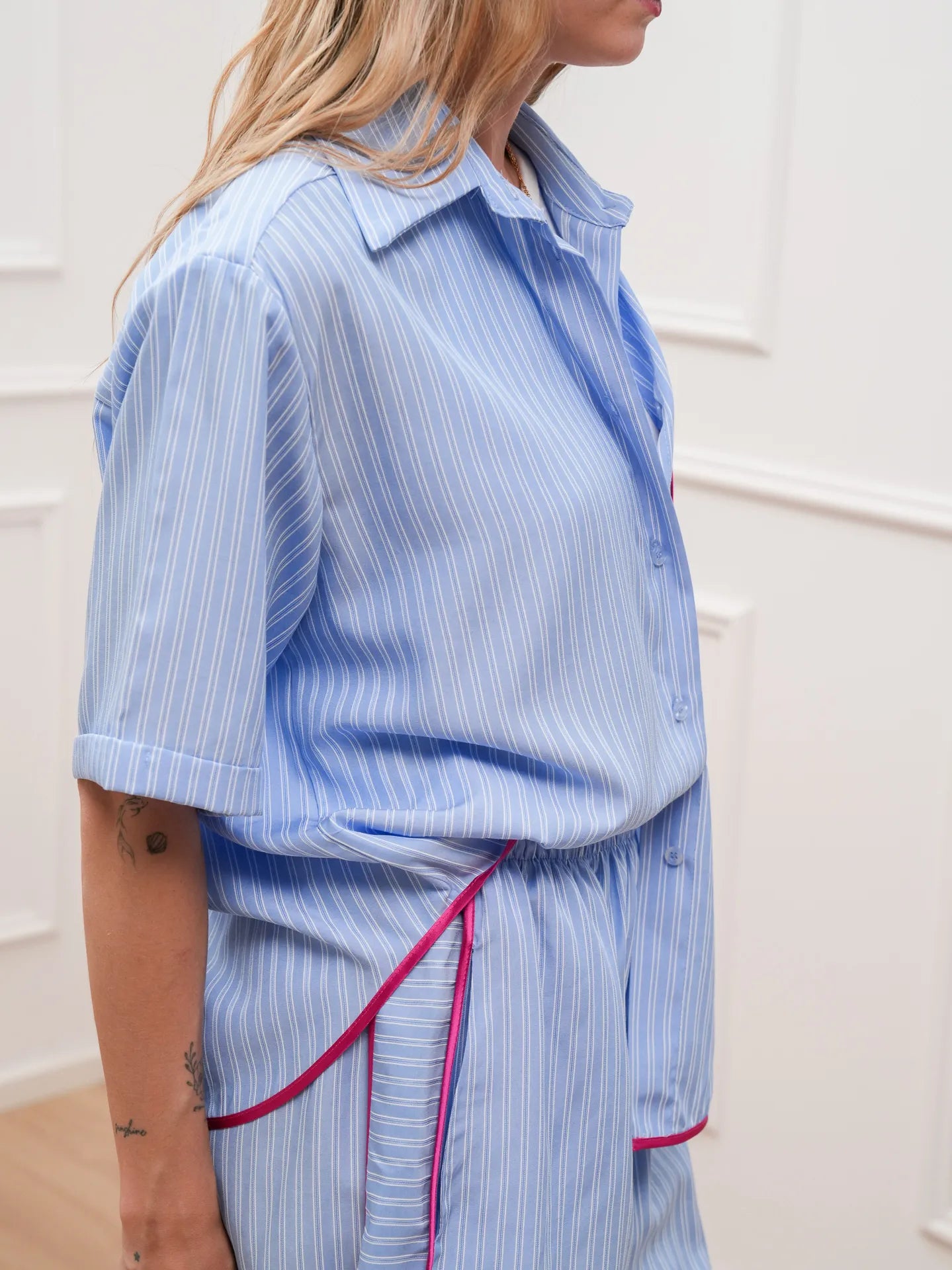 Camicia gessata celeste piping fucsia - Tensione In