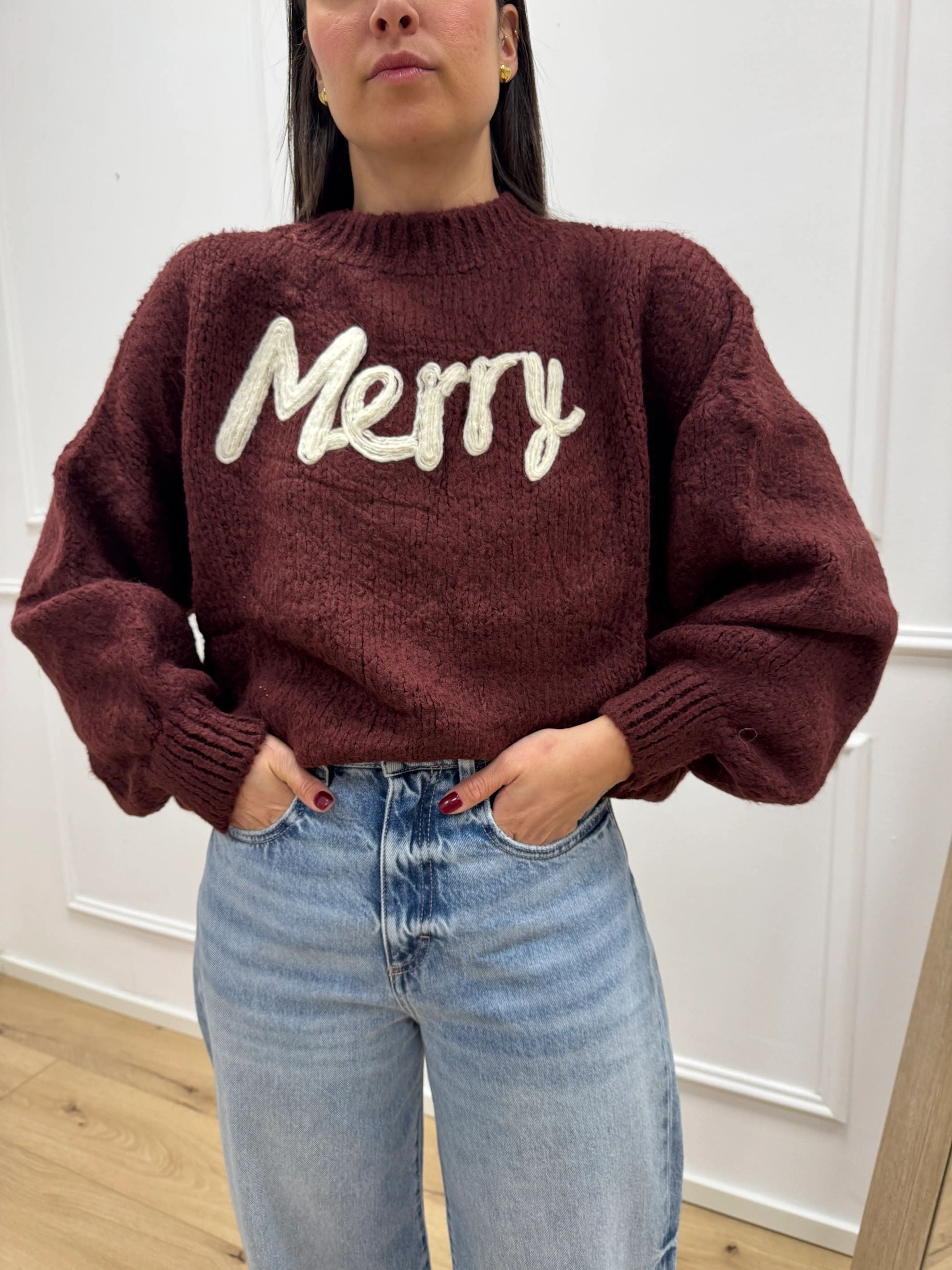 Maglione girocollo bordeaux ricamo Merry - You Decide