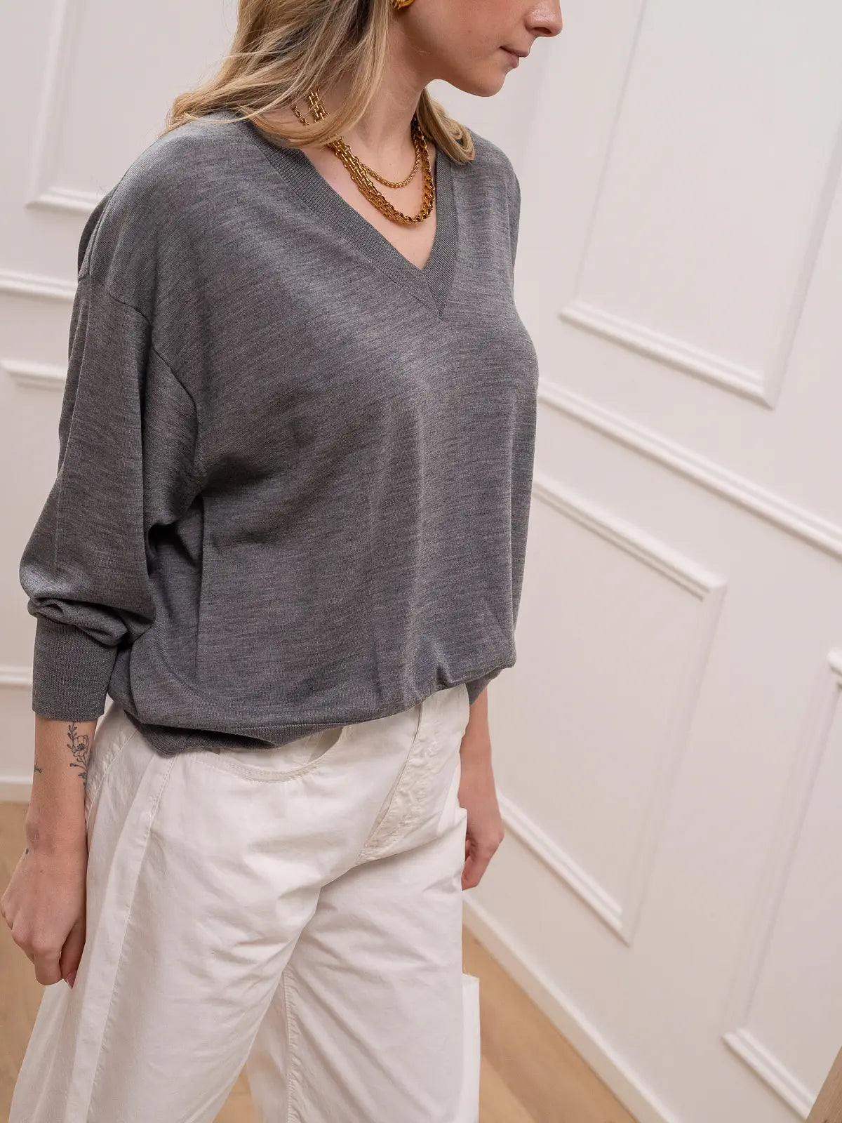 Maglia scollo a v grigio mélange 100% lana - Vicolo