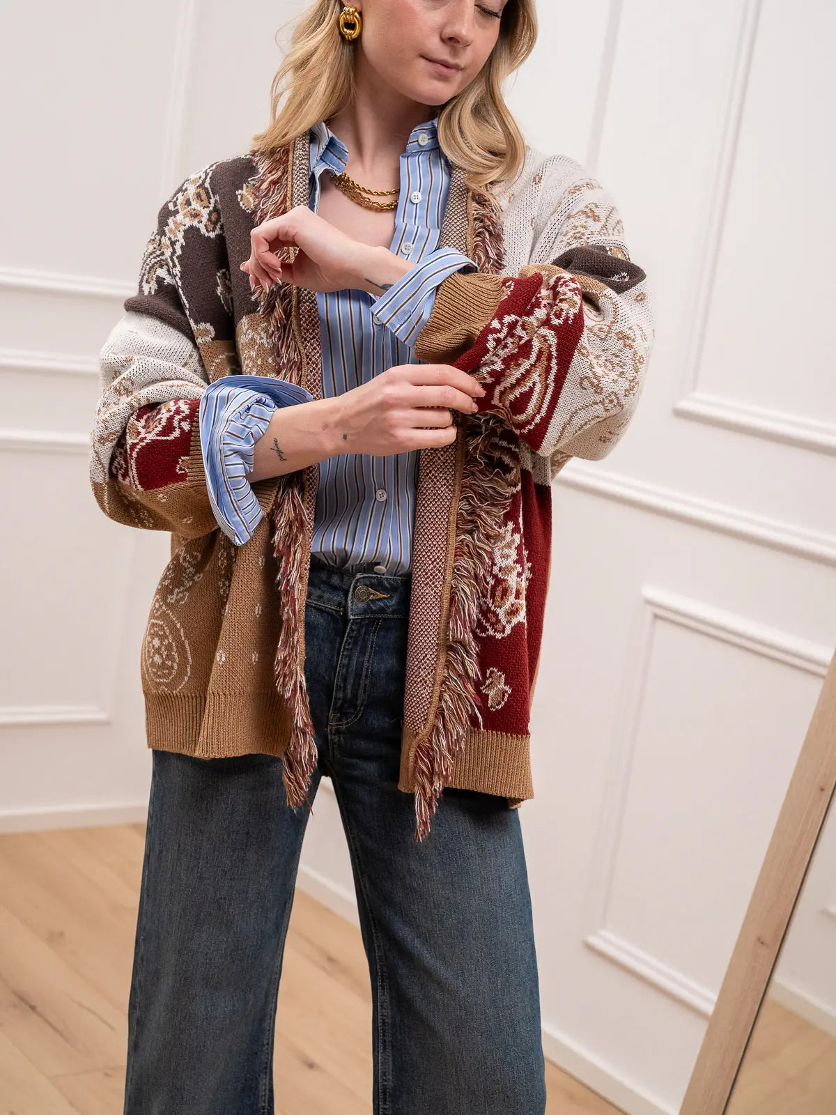 Cardigan etnico sangria, camel e moro sfrangiato - Kontatto