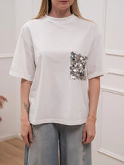 T shirt mezza manica panna con tasca paillettes - Tensione In