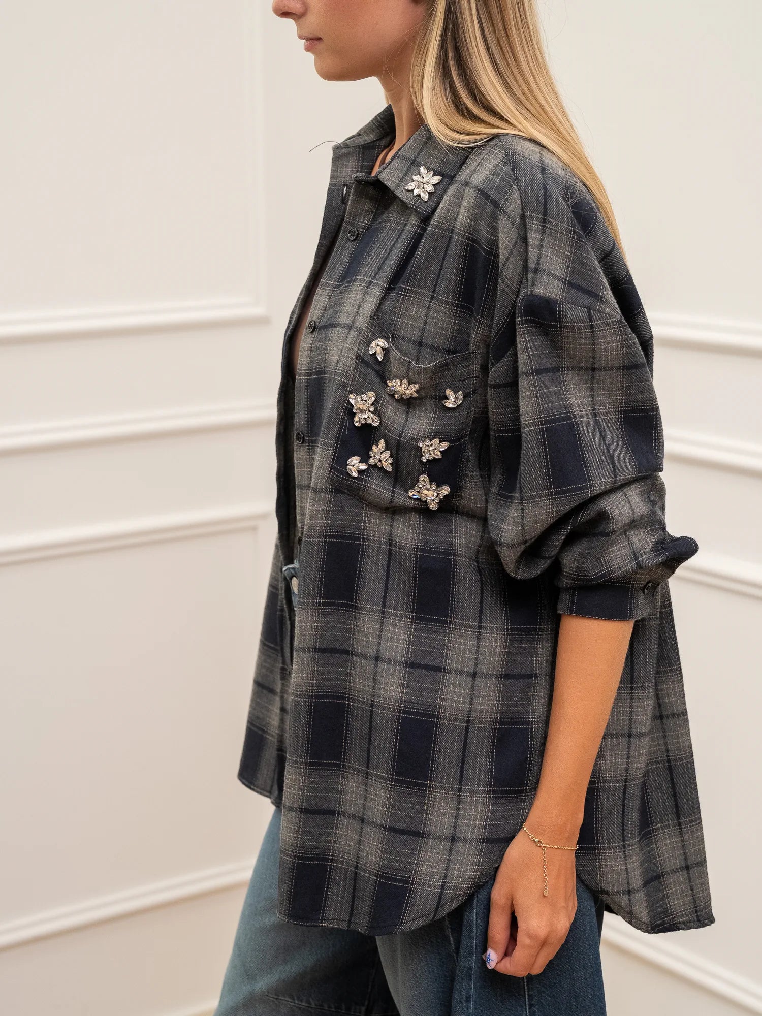 Camicia flanella check blu e grigia con cabochon - Vicolo