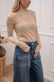 Top in pizzo beige collo taglio vivo - HaveOne