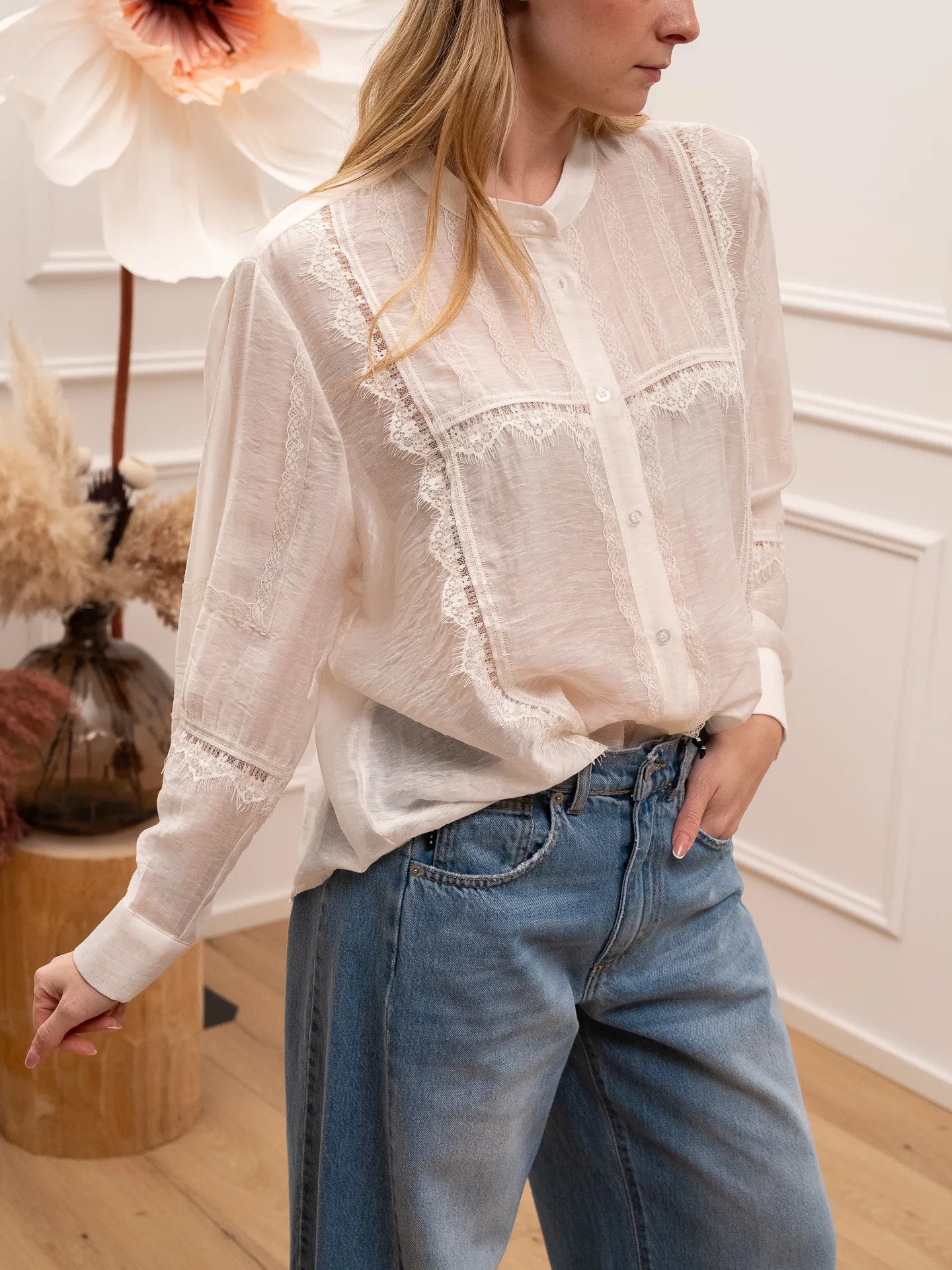 Camicia velata latte effetto stropicciato con pizzo - HaveOne