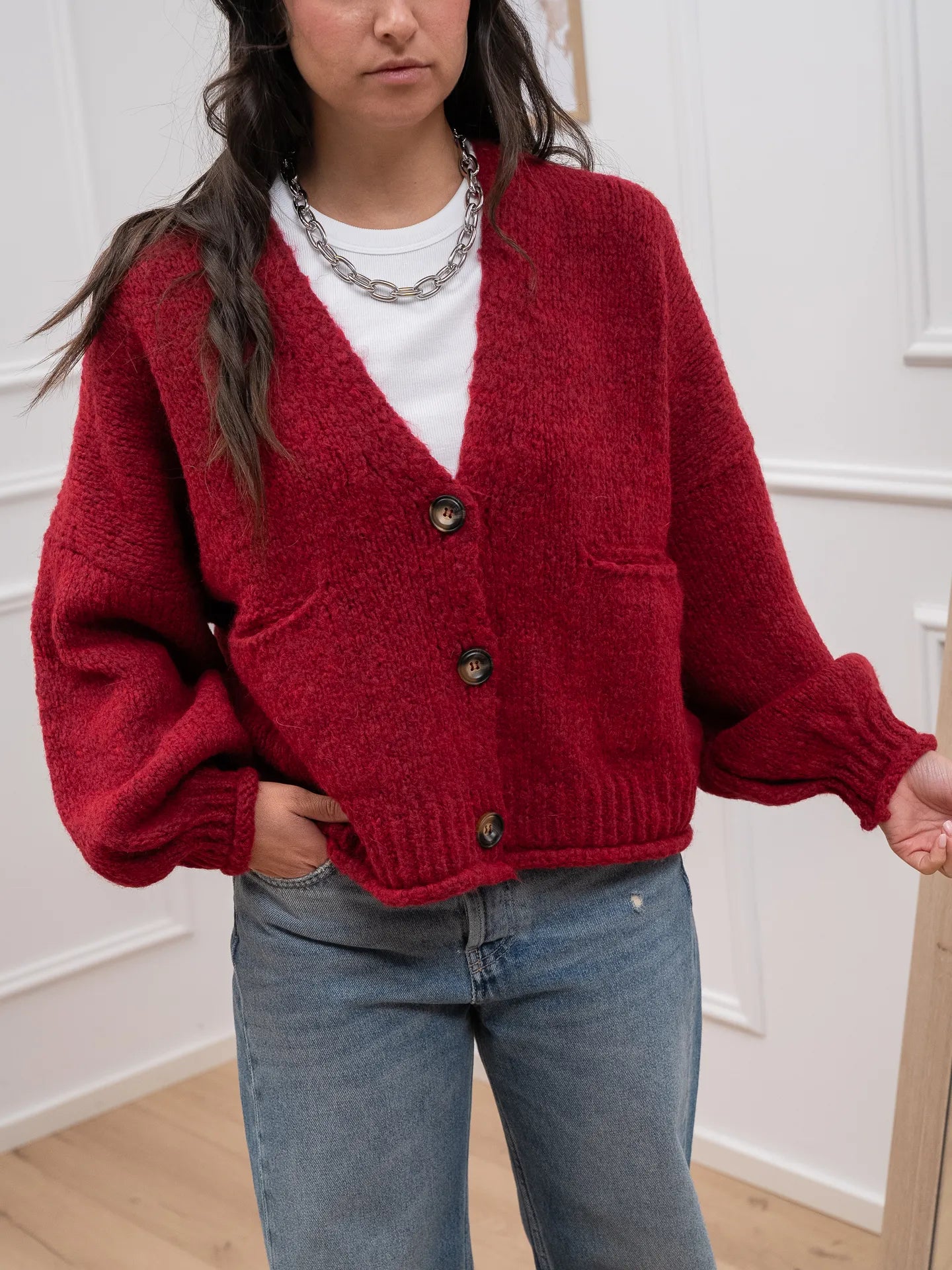 Cardigan rosso a tre bottoni con taschine - HaveOne