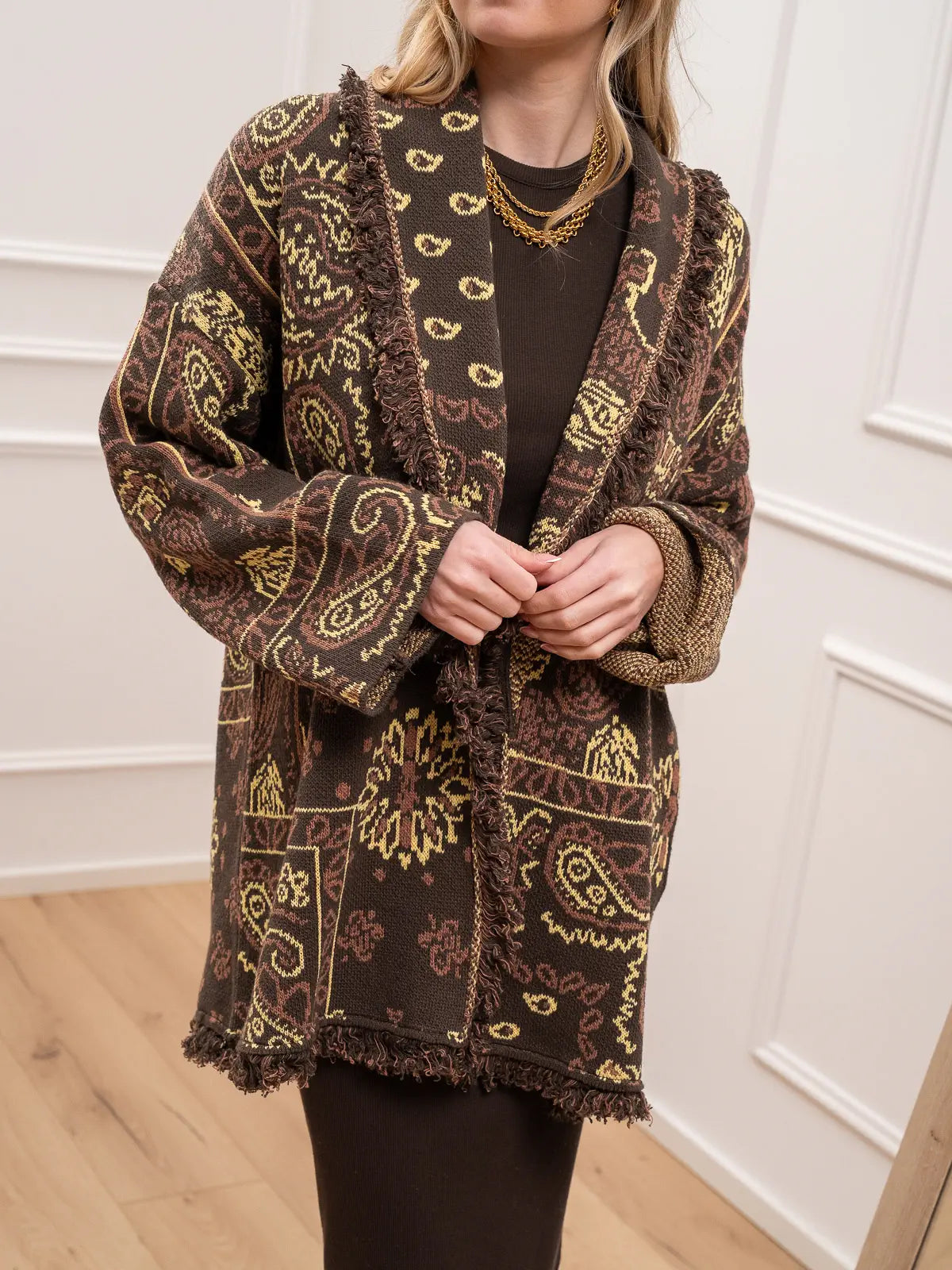 Cardigan etnico moka e giallo burro - Vicolo