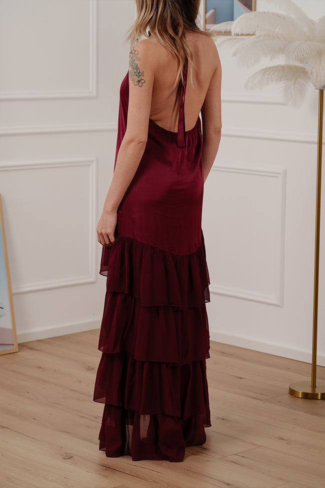 Vestito scollo halter lungo a balze bordeaux - HaveOne