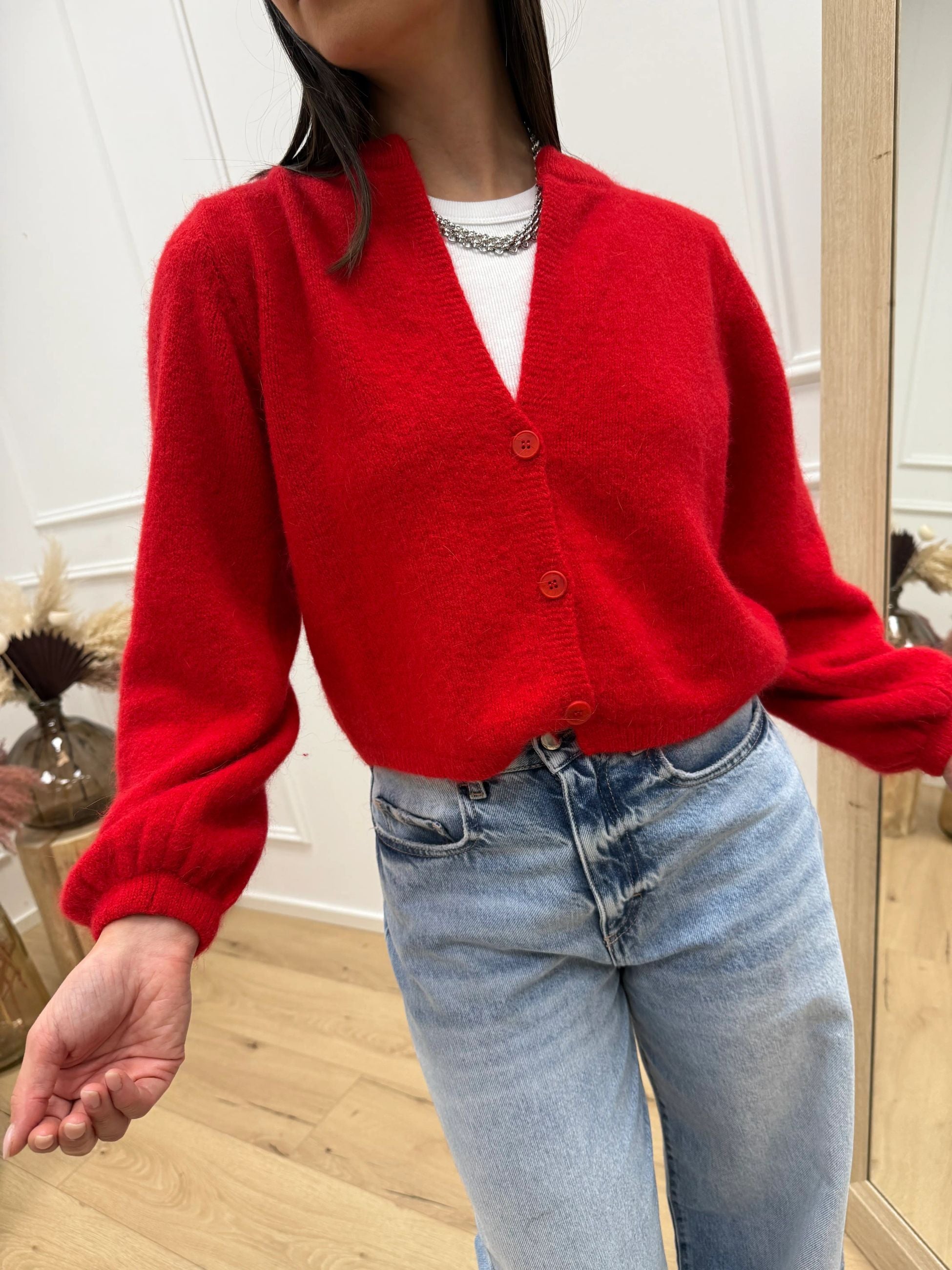 Cardigan misto angora rosso con spalle imbottite - Dixie