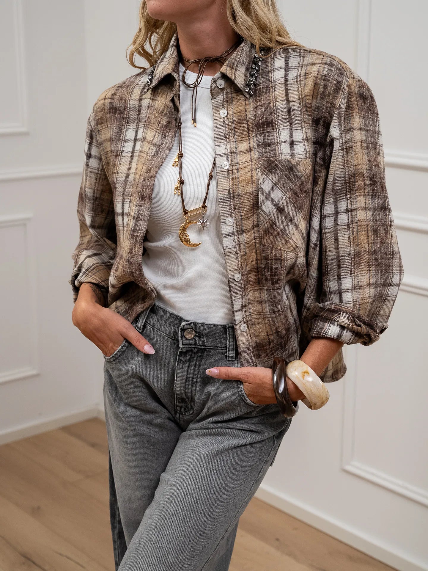 Camicia in flanella moro colletto strass - Vicolo