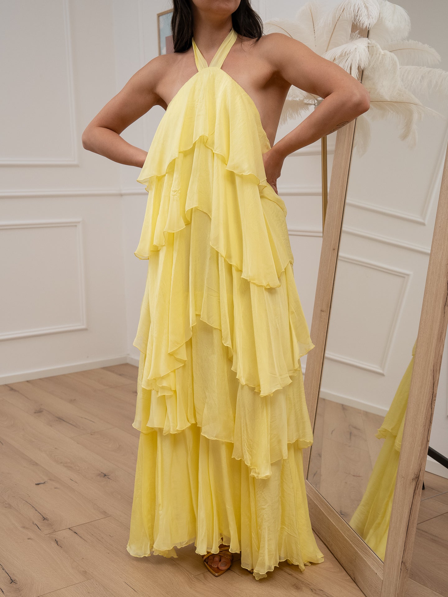 Vestito lungo giallo pastello a balze misto seta - HaveOne