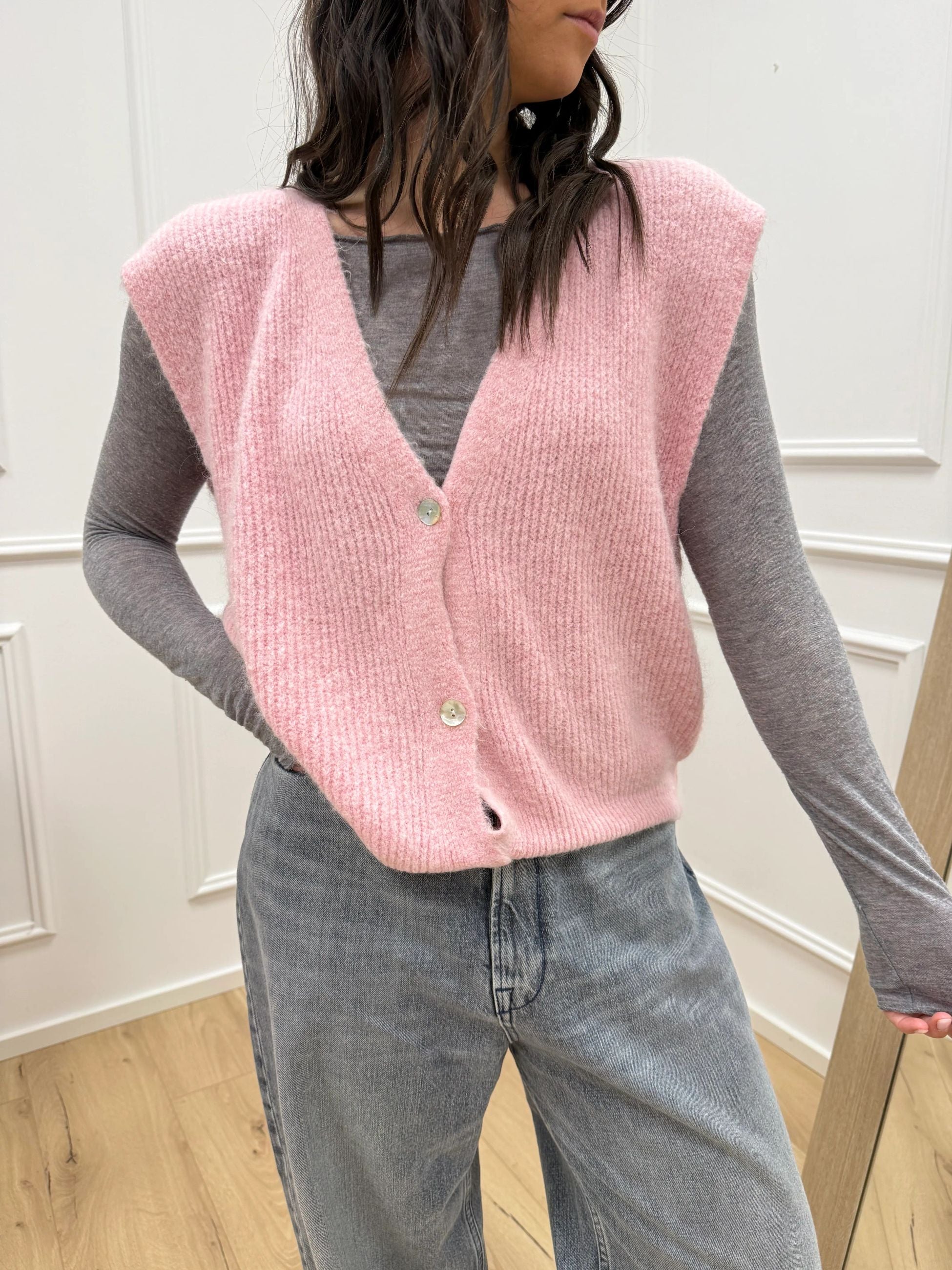 Gilet misto alpaca rosa con bottoni - HaveOne