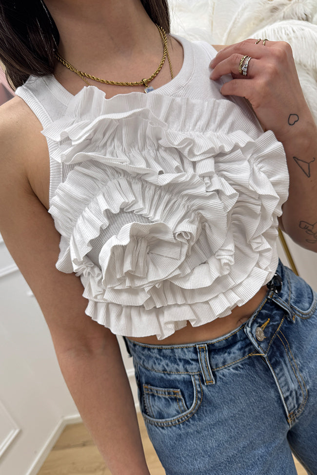 Top crop bianco con maxi fiore in rilievo - HaveOne