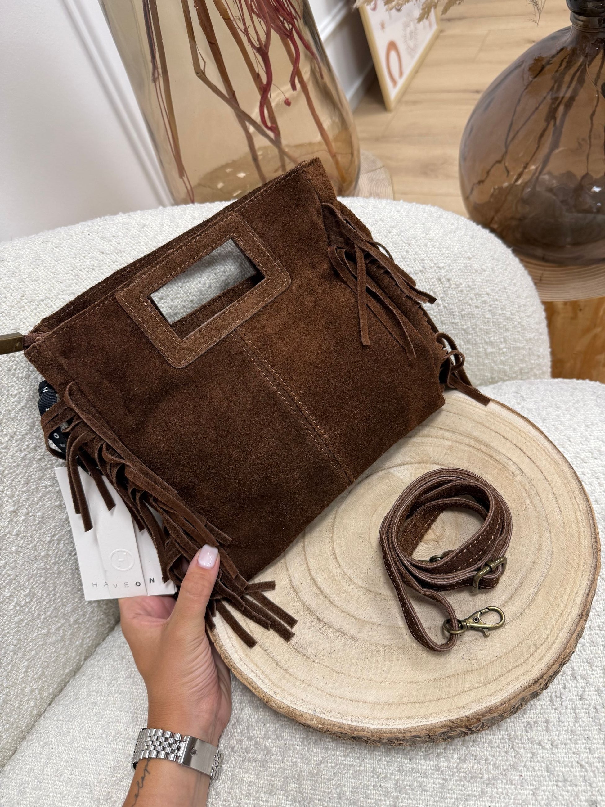 Borsa scamosciata marrone con frange - HaveOne