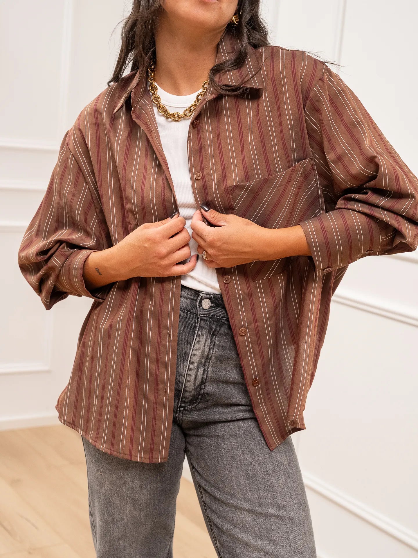 Camicia basic biscotto riga prugna, bianca - HaveOne