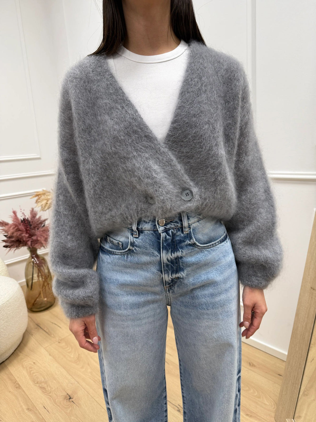 Cardigan kid mohair grigio con bottone laterale - Dixie