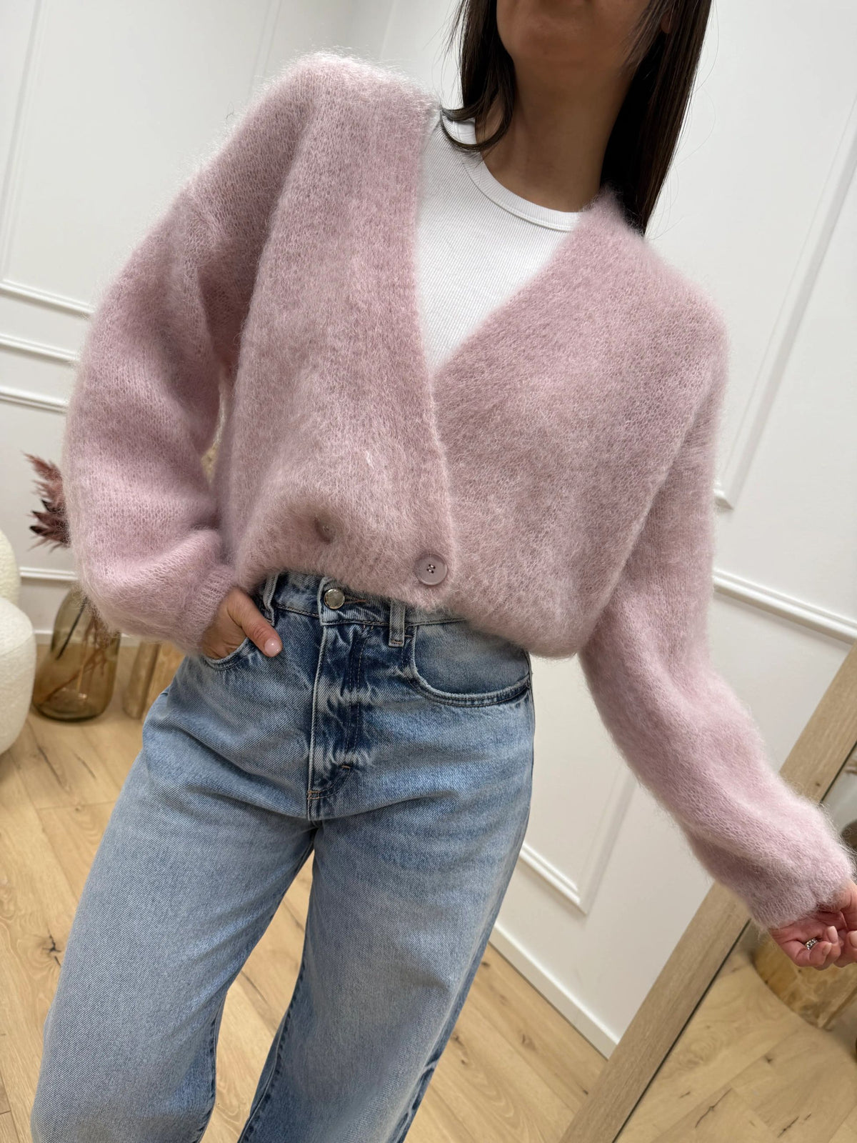 Cardigan kid mohair rosa con bottone laterale - Dixie