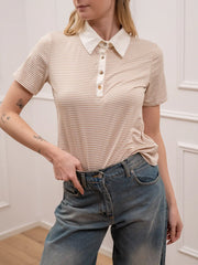 Maglia polo slim riga beige a manica corta - HaveOne