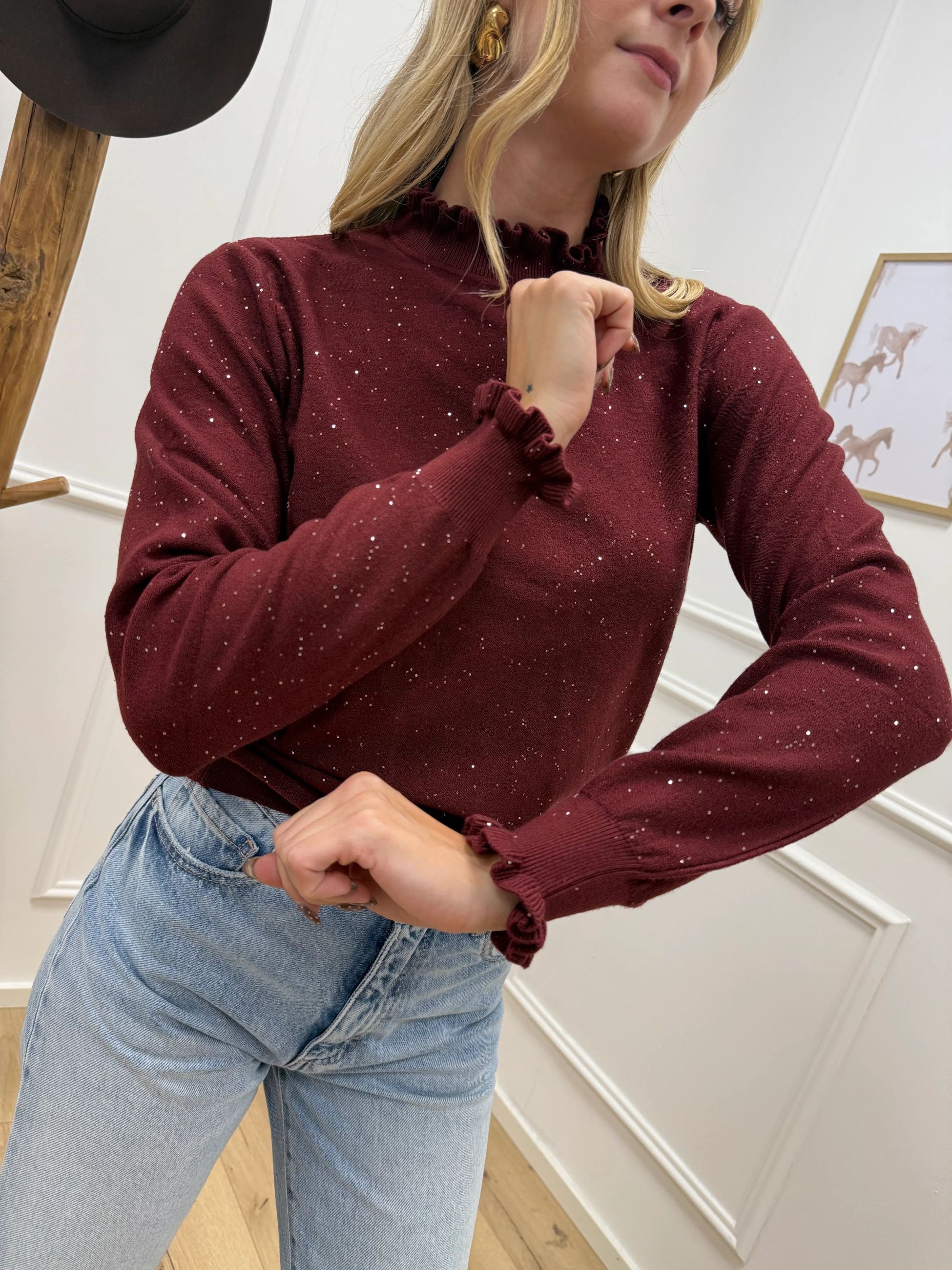 Maglia rouches bordeaux micropaillettes - HaveOne