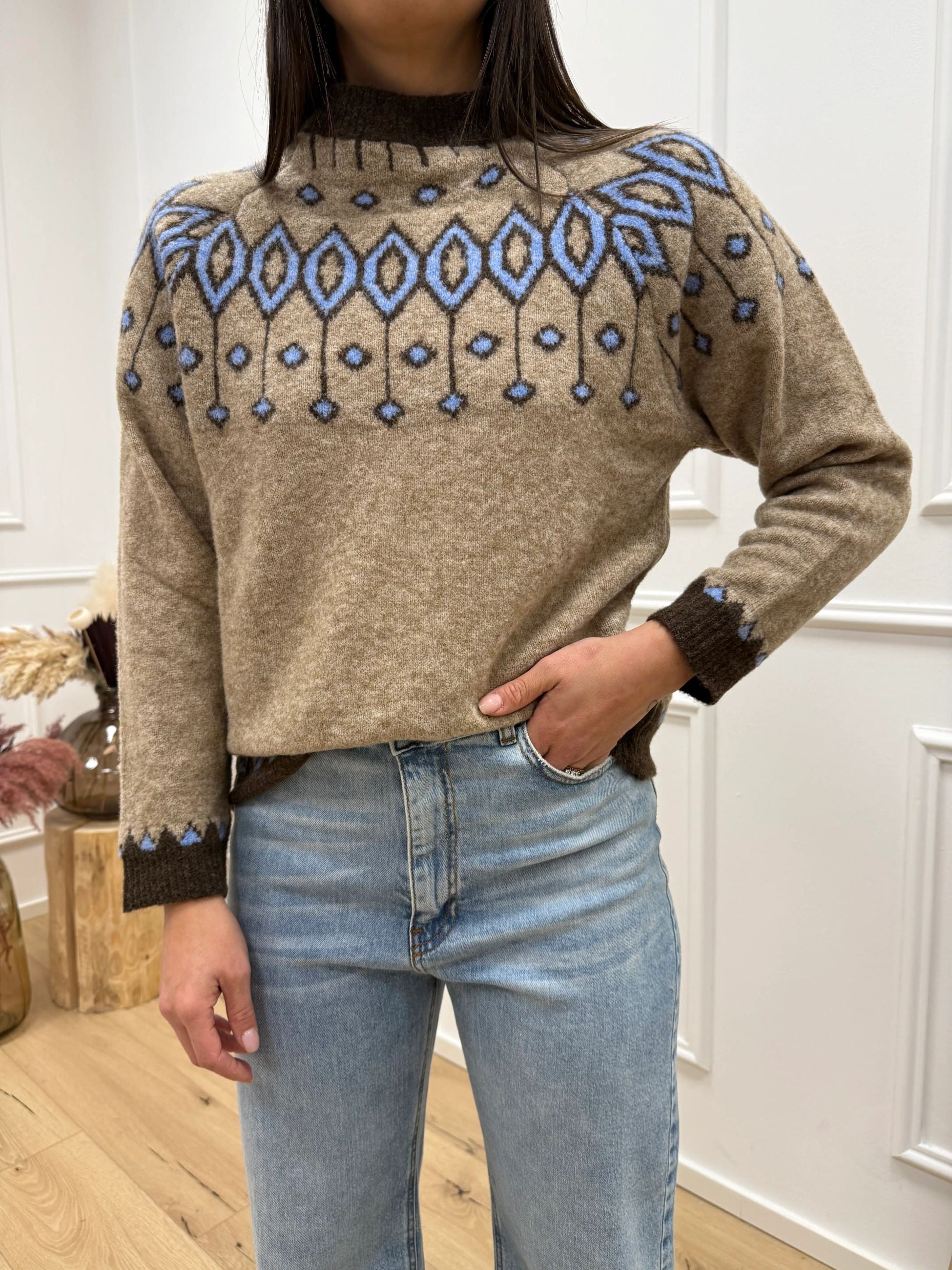 Maglia jacquard beige, moro e celeste - HaveOne