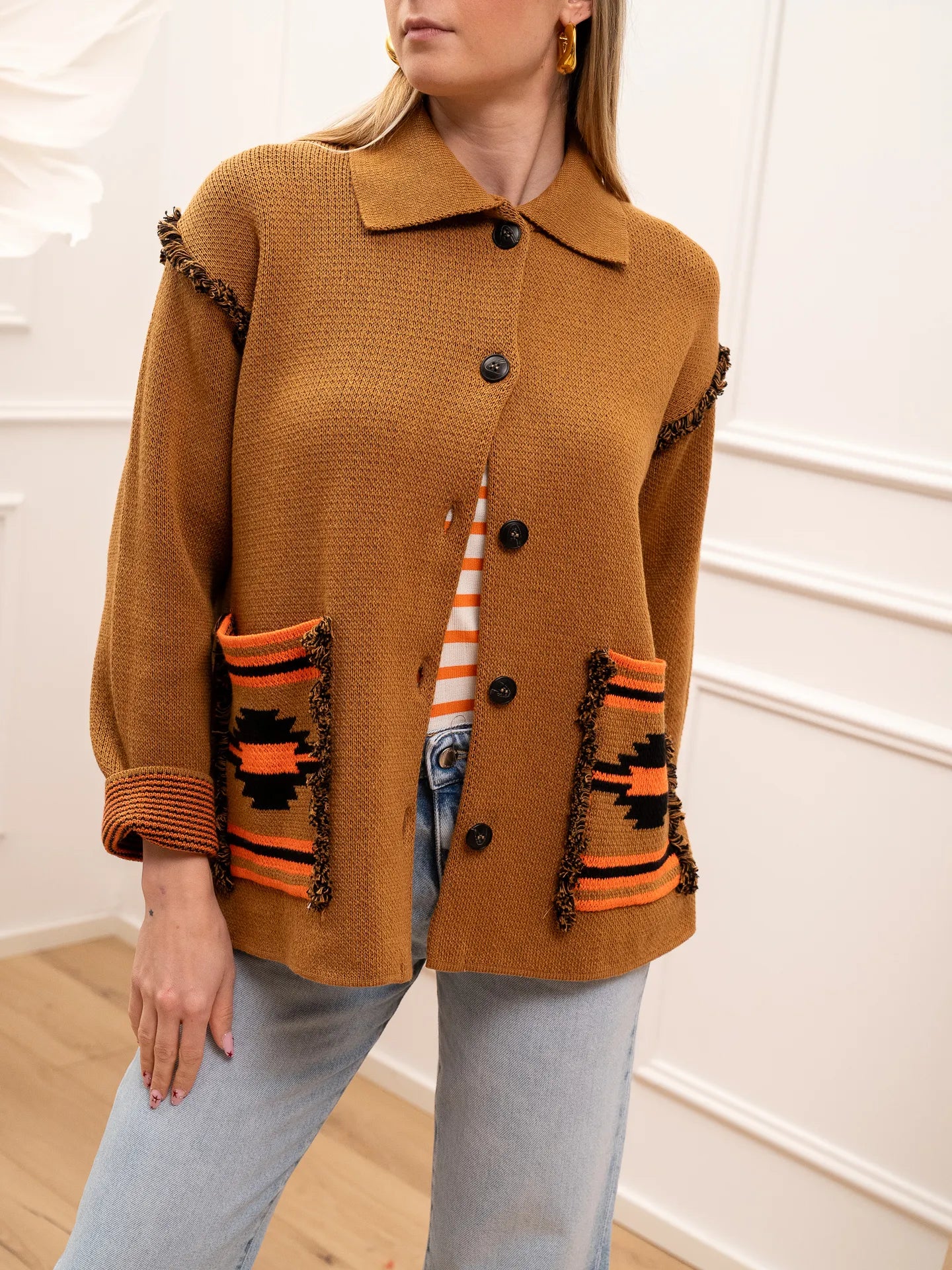 Giacca coccio stampa arancio e nera con frangette - HaveOne