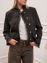 Giacca in tweed moro e nera con frangette - Vicolo