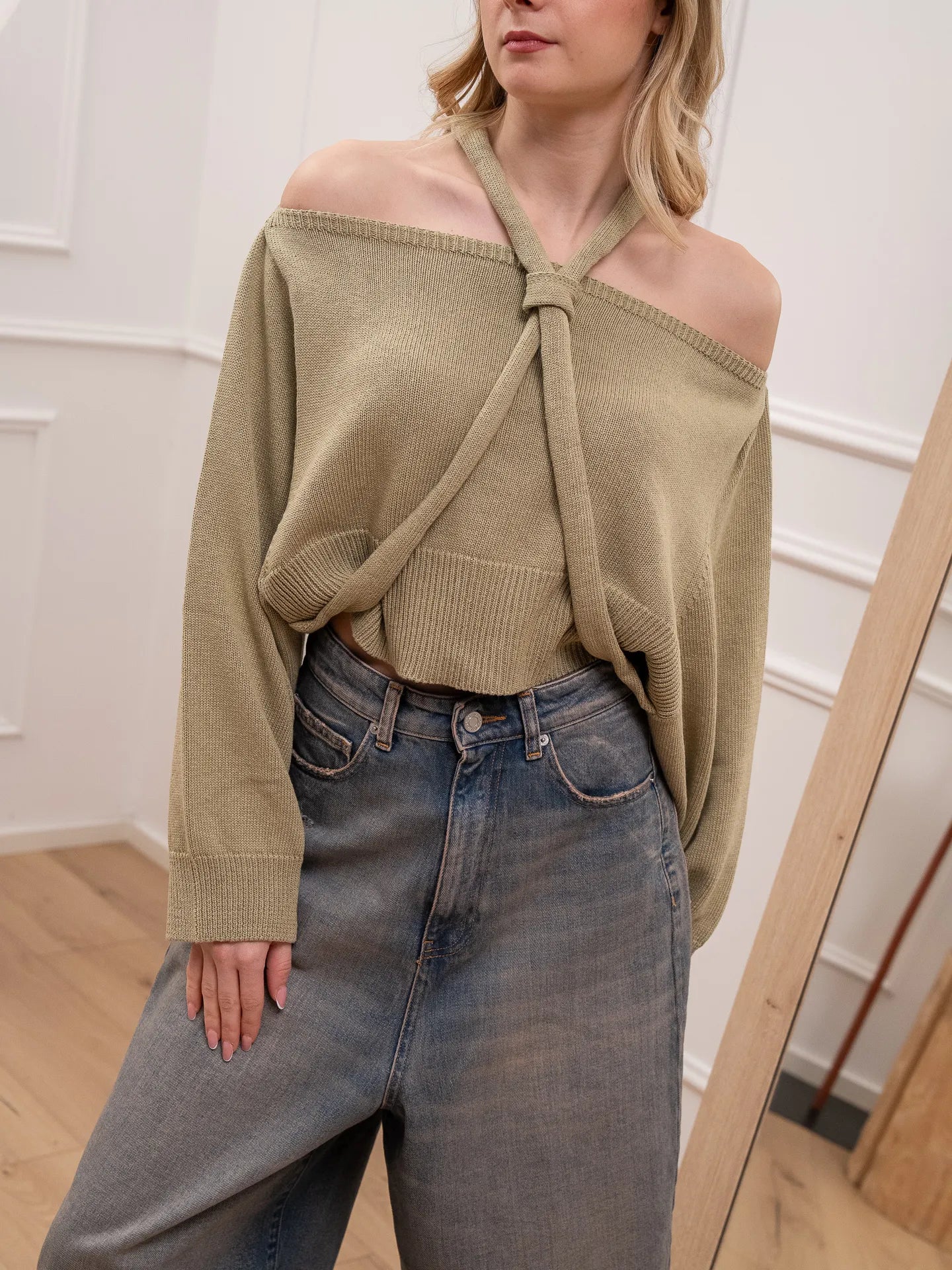 Maglia scollo a barca kaki con nodo - HaveOne