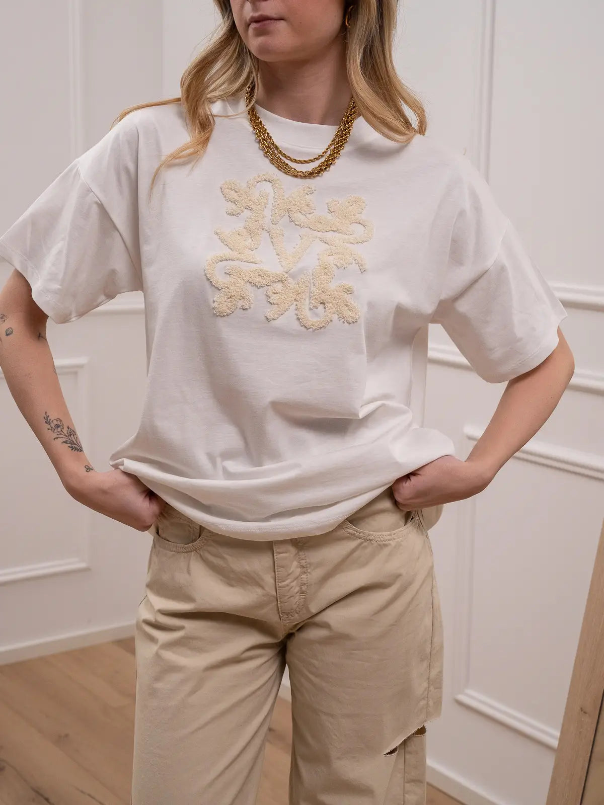 T shirt bianca logo bouclé crema - Vicolo