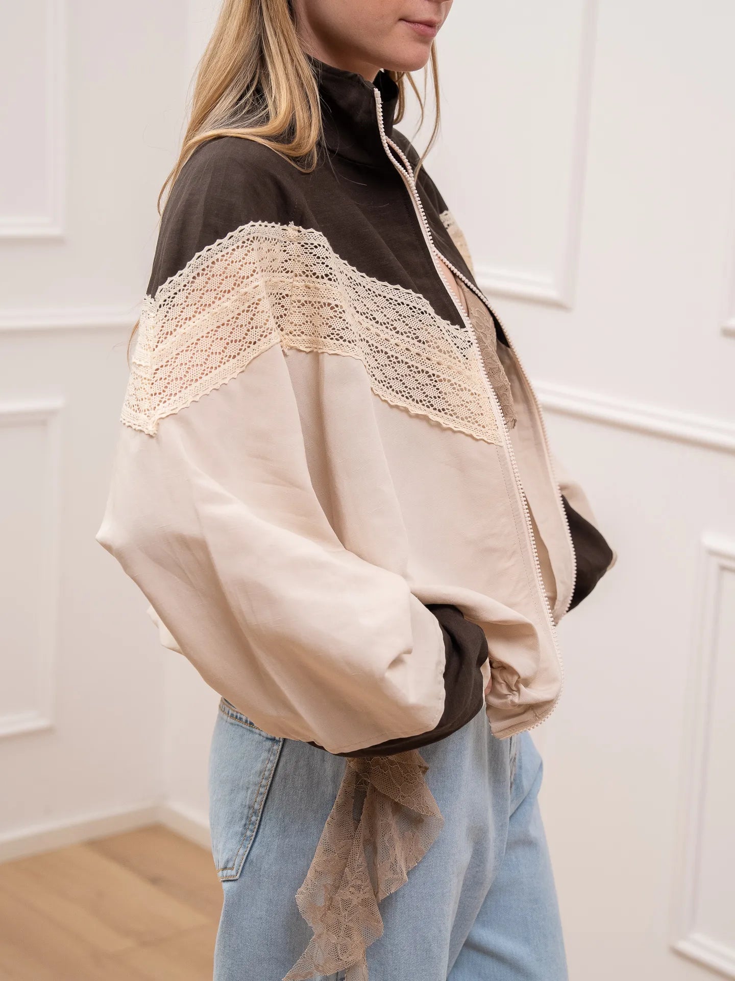 Bomber misto lino moka, mastice banda crochet - Tensione In