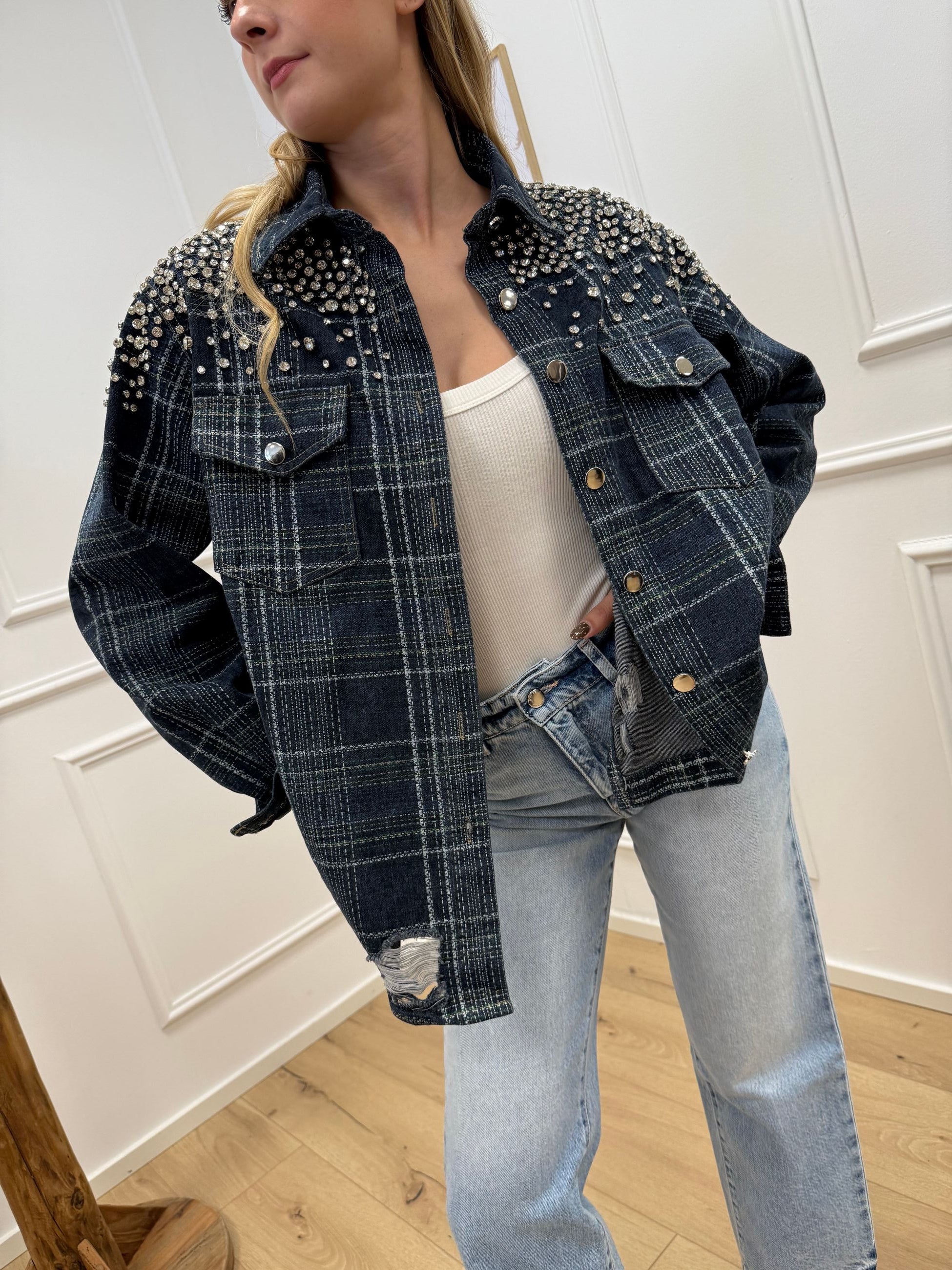 Giacca camicia in denim blu con strass e rotture - Crispy