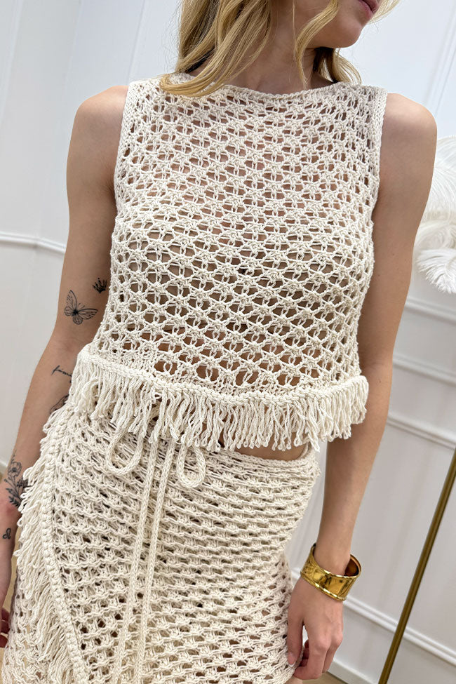 Canotta crochet punzonato burro frange sul fondo - HaveOne
