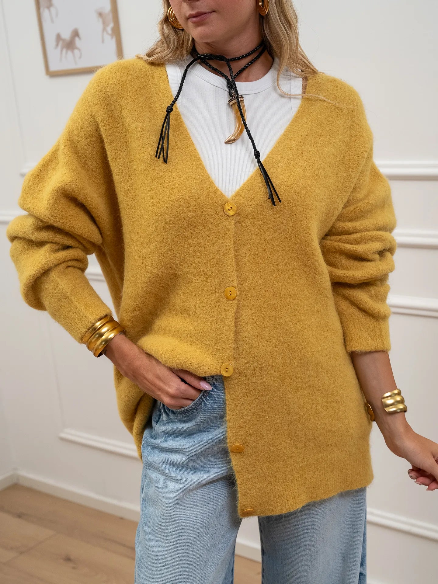 Cardigan lungo mostarda alpaca superfine - Kontatto