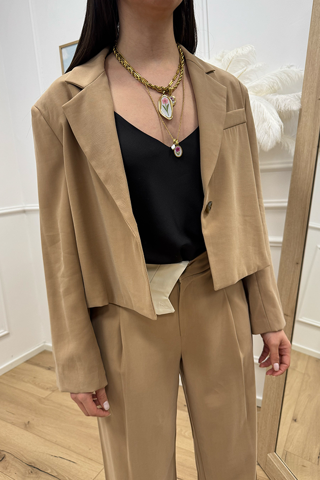 Tensione In - Giacca cropped camel monopetto