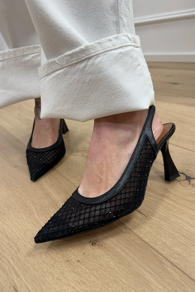 Ovyé - Décolleté slingback nere a rete con strass