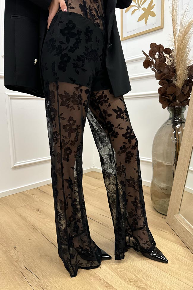 Haveone - Pantaloni in tulle nera fiori floccati