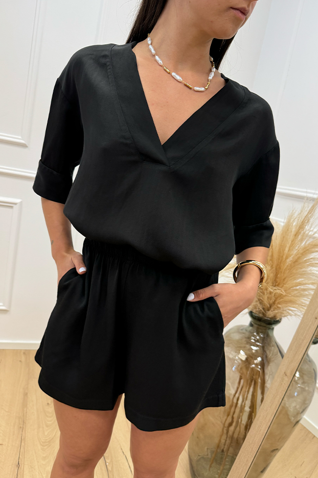 Haveone - Blusa nera scollo a v in misto lino