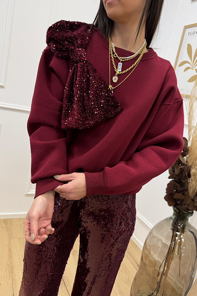 Tensione In - Felpa bordeaux con maxi fiocco in paillettes