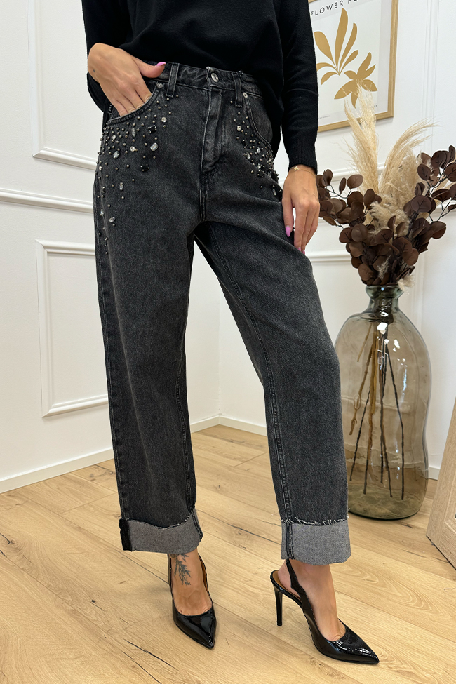 Haveone - Jeans Mandy nero con borchie e strass