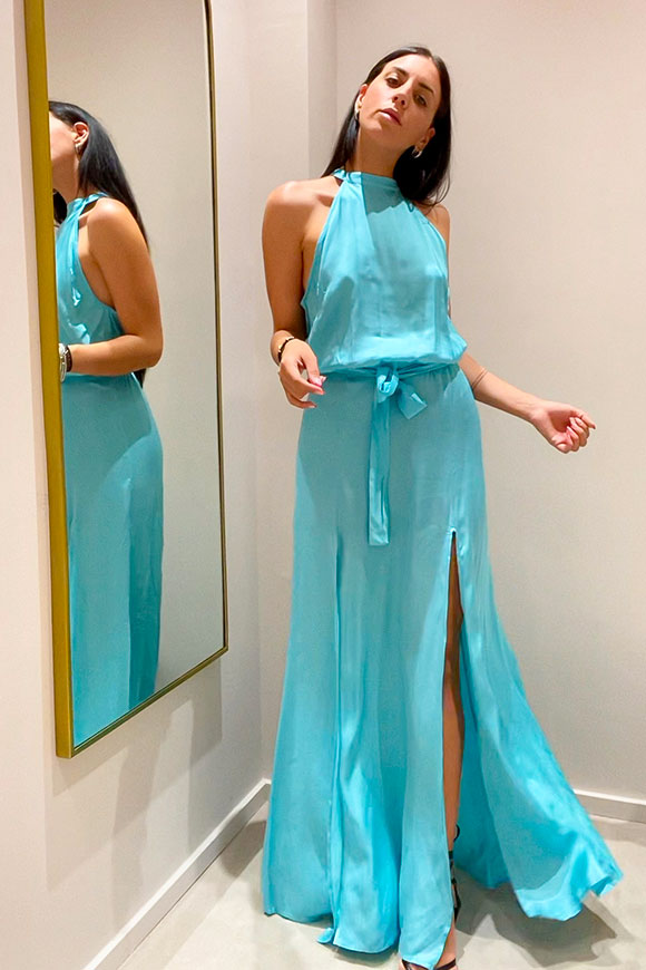 Tensione In - Light blue satin dress with double slit