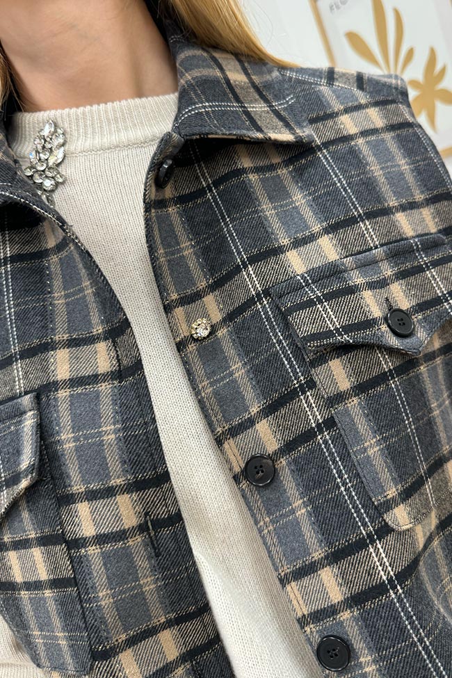 Vicolo - Gilet oversize check grigio e beige