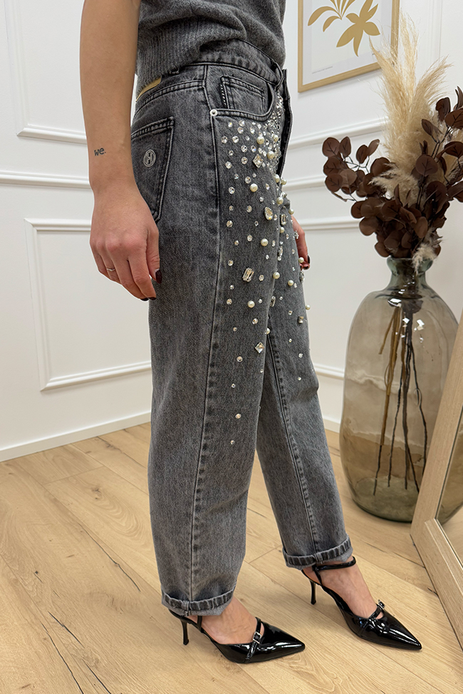 Haveone - Jeans Louis grigio scuro con perle e strass