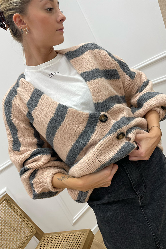 Haveone - Cardigan rigato rosa e grigio a tre bottoni